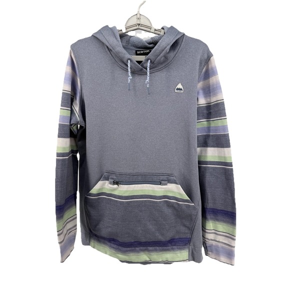 Burton Tops - Burton Oak Long Pullover Hoodie Sweatshirt Women's L Gray Blue Multi‎ Stripes
